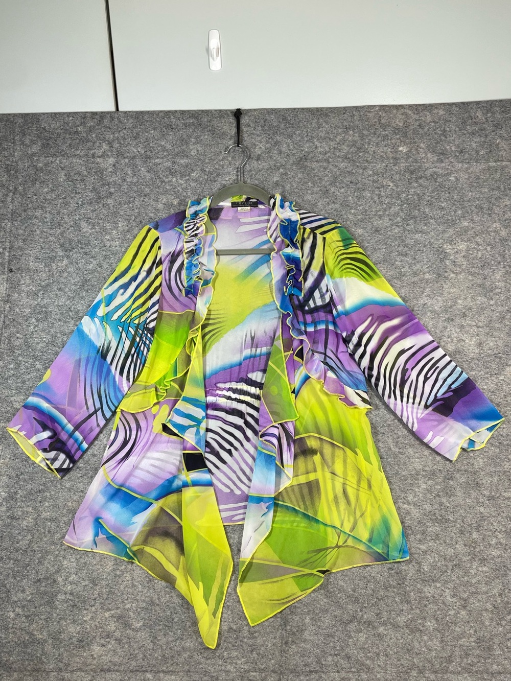 VTG City Girl Y2K Silk Ruffle Cardigan Neon Abstract Medium Resort Boho Festival - Picture 2 of 16